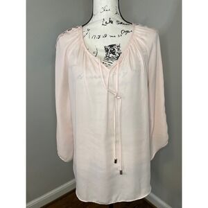 Zac & Rachel Blouse Womens Large Pink Excellent Crochet Sleeve V-Neck Tie